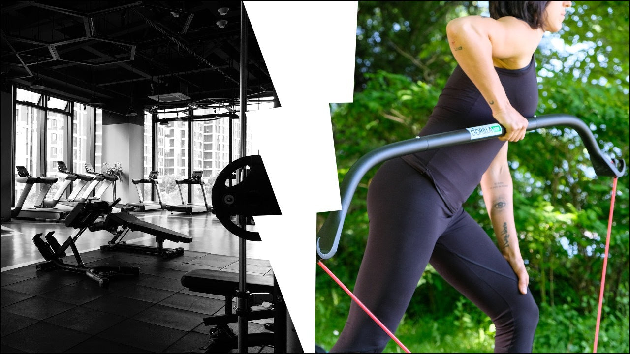 On the left a black and white image of an empty gym and on the right a color image of a woman in a lunge position exercising with a Gorilla Bow beside green trees.